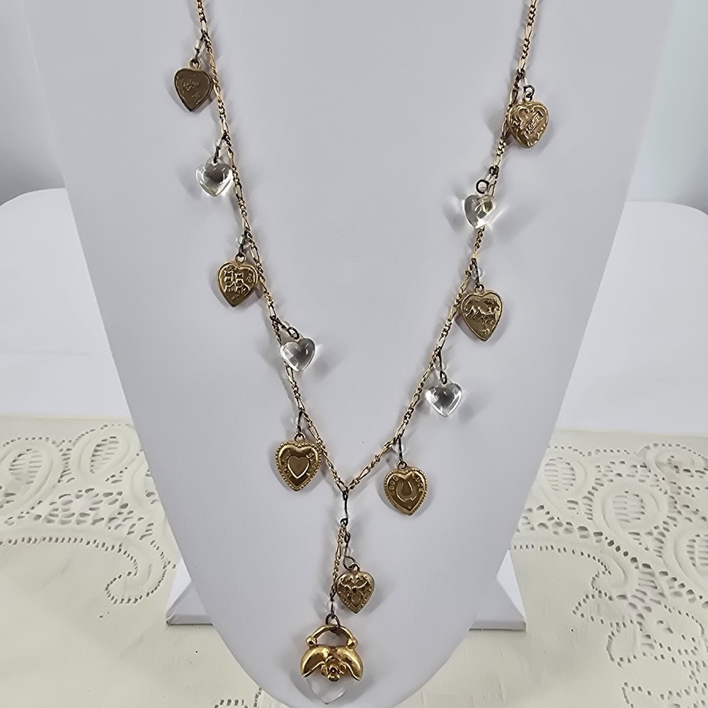 Vintage Heart Charm Dangle Necklace Glass Gold Tone Long 34"